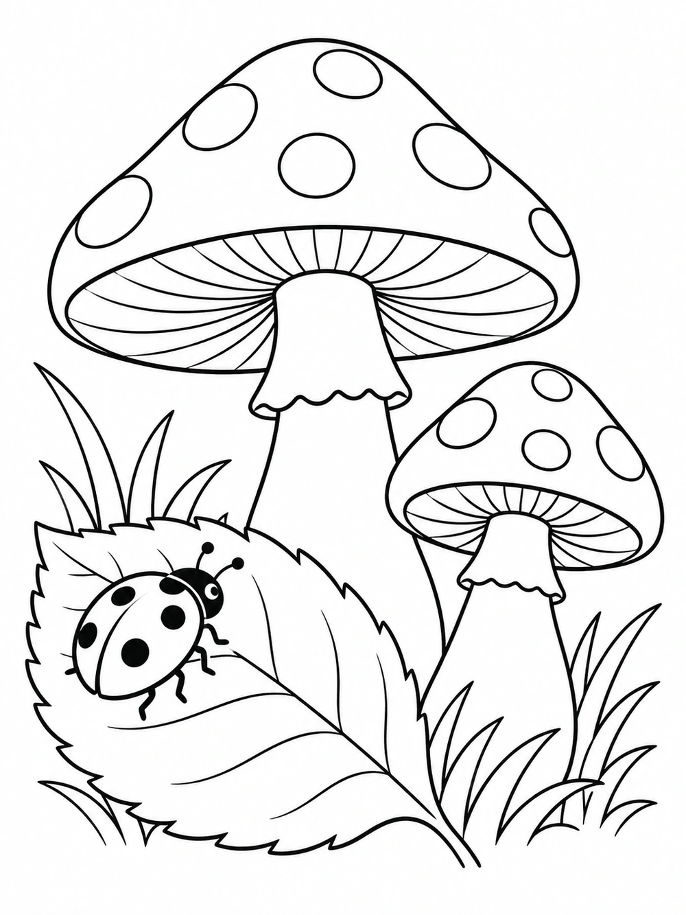 A spotted ladybug perched on a broad leaf beside two mushrooms.