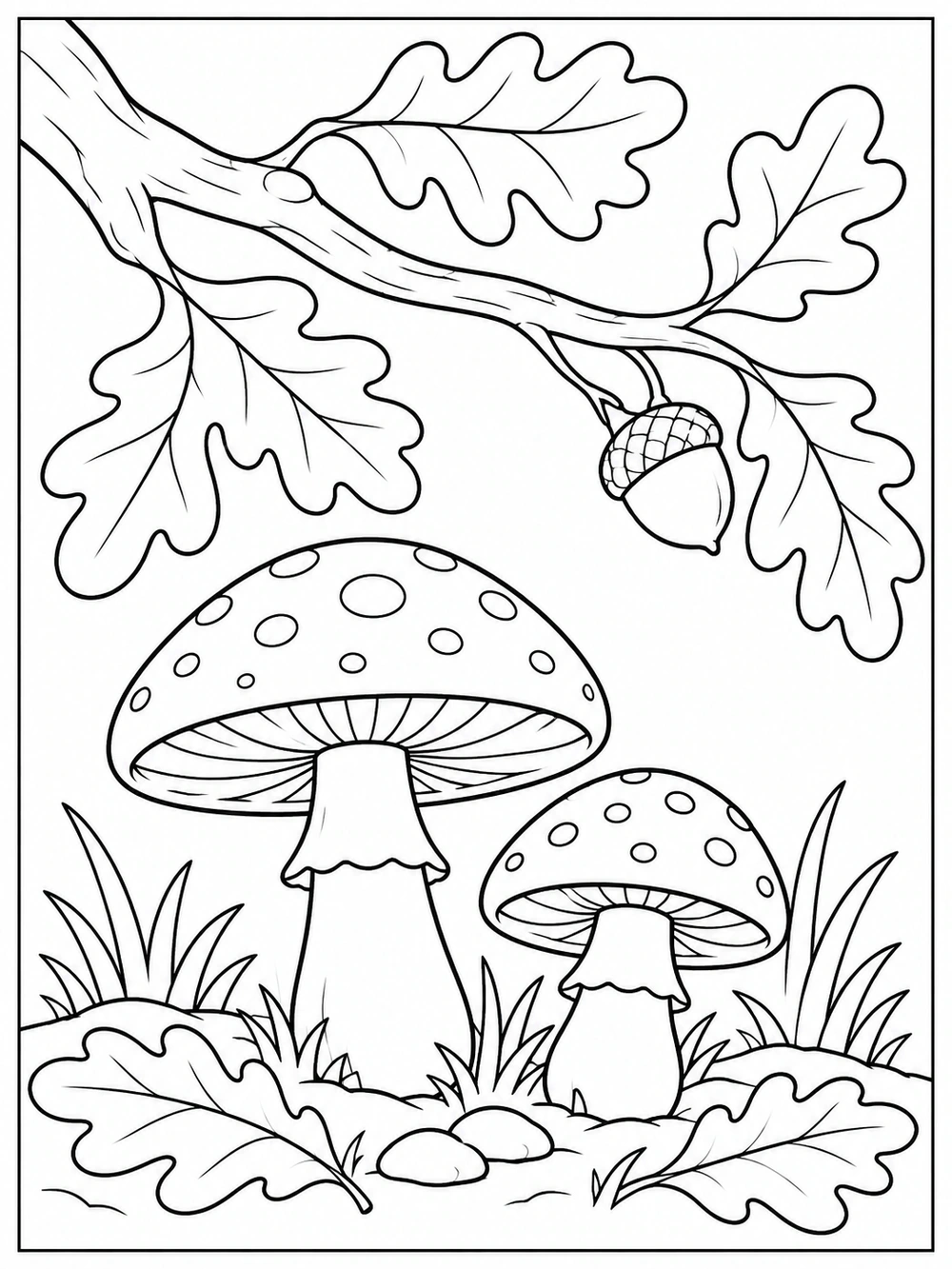 Two spotted mushrooms beneath a branching oak limb with large leaves and an acorn