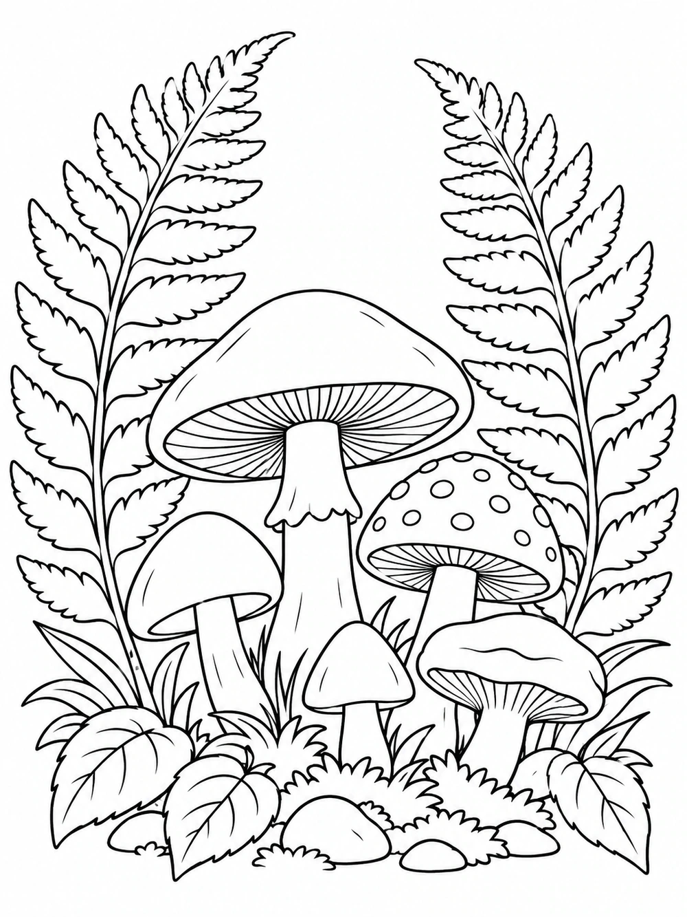 A cluster of mushrooms with broad fern fronds and ground plants, drawn in black outlines on white.