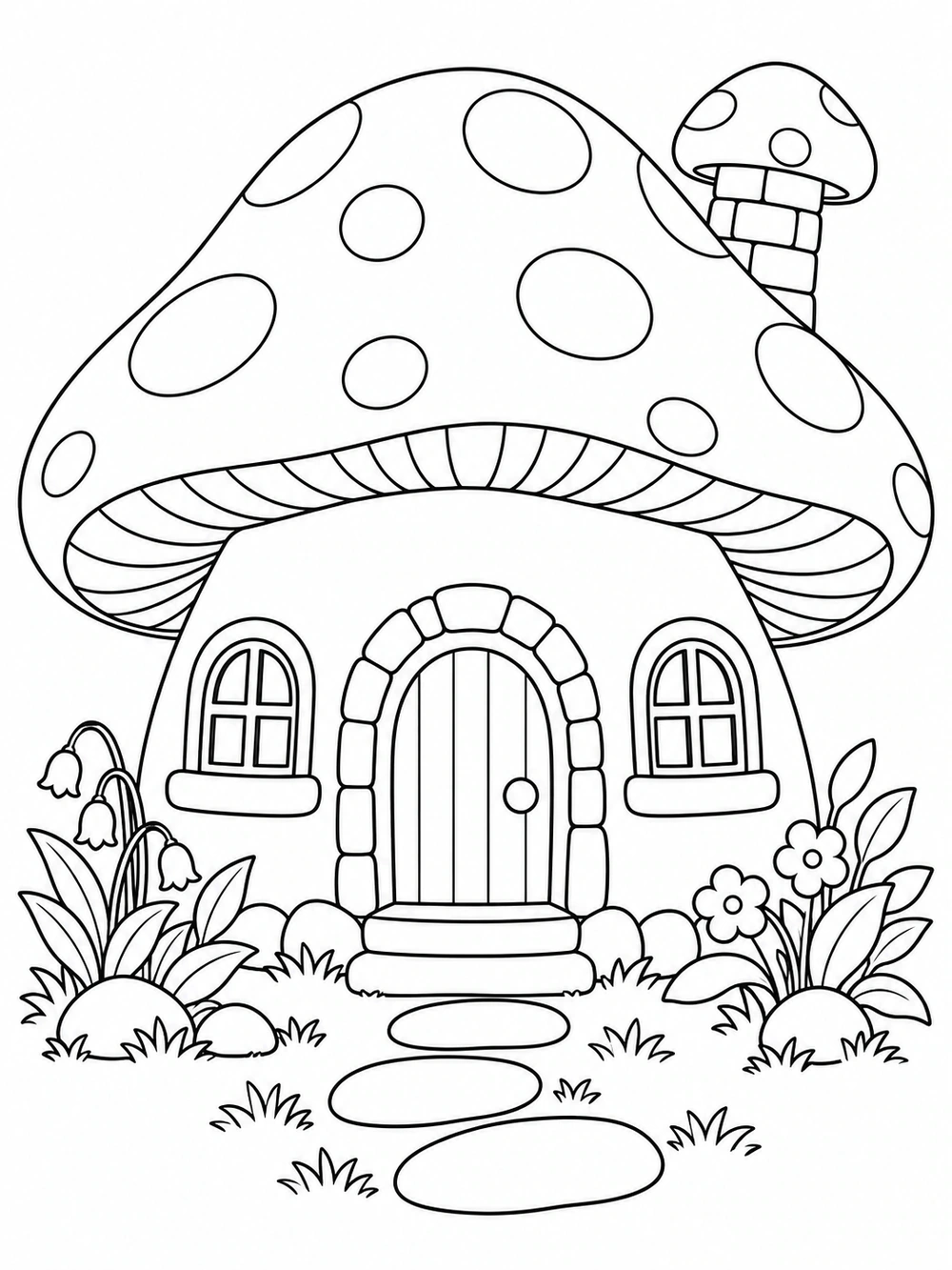 Friendly cottage with a spotted mushroom cap roof, arched door, two windows, flowers, and a short path, drawn in black outlines on white.
