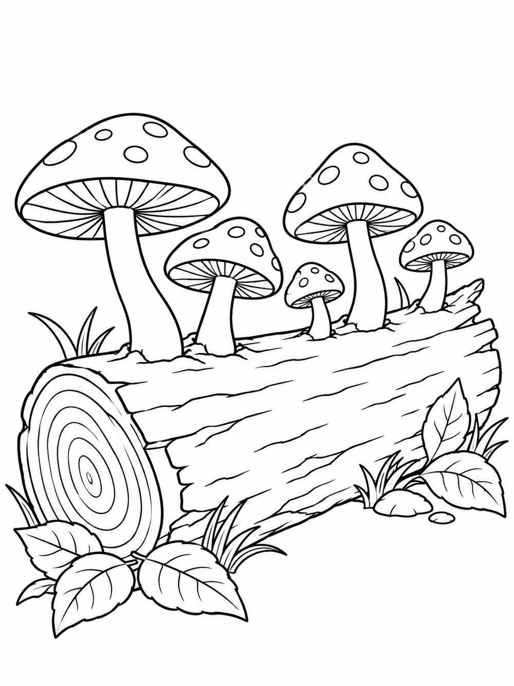 Several spotted mushrooms growing along a fallen woodland log, with leaves and grass near the ends