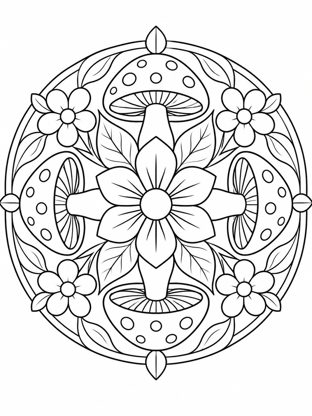A circular mandala with four large spotted mushrooms, broad leaves, and a central flower, drawn in black outlines on white.