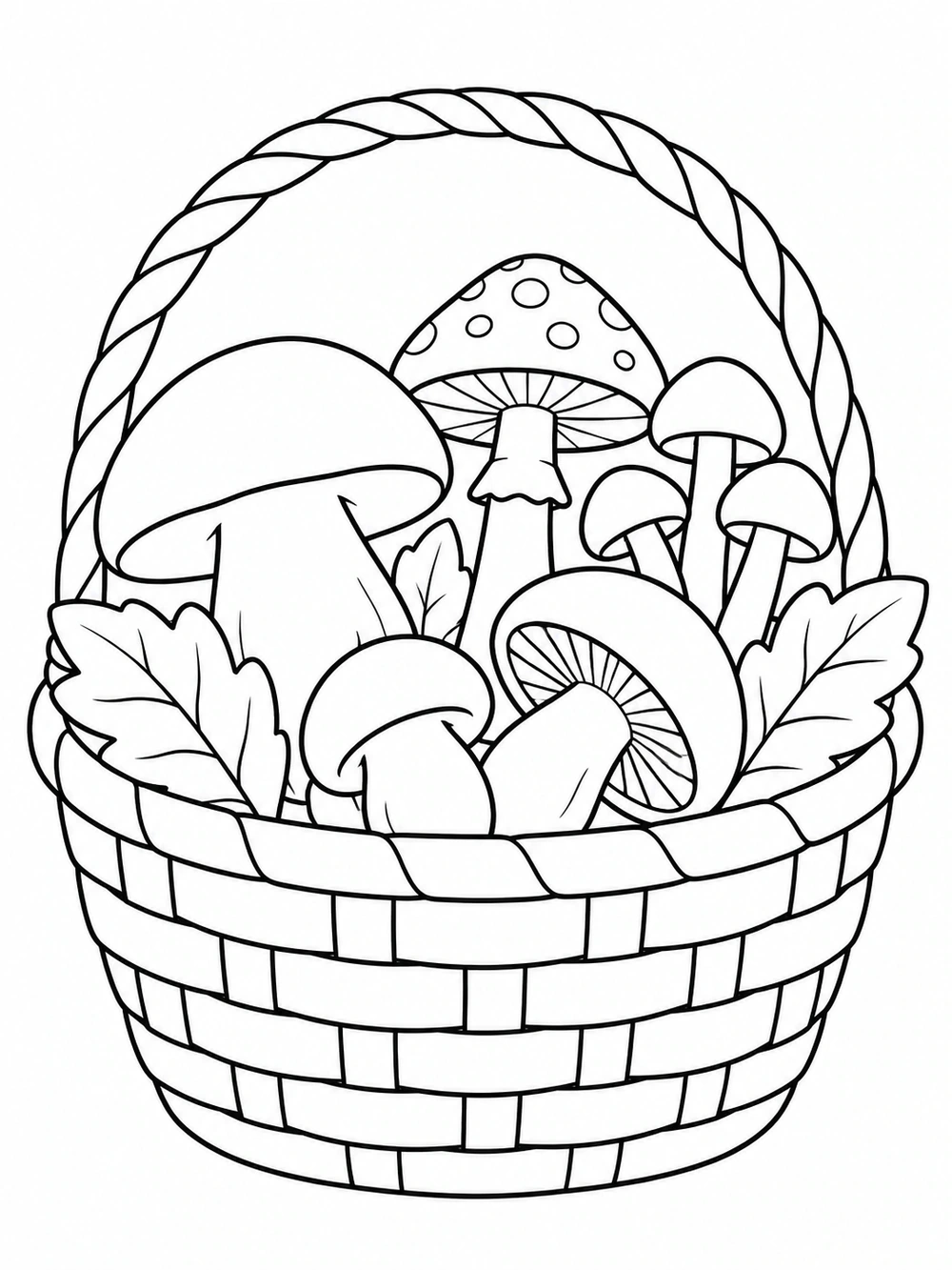 A large woven basket filled with several assorted mushrooms and broad leaves, drawn in black outlines on white.