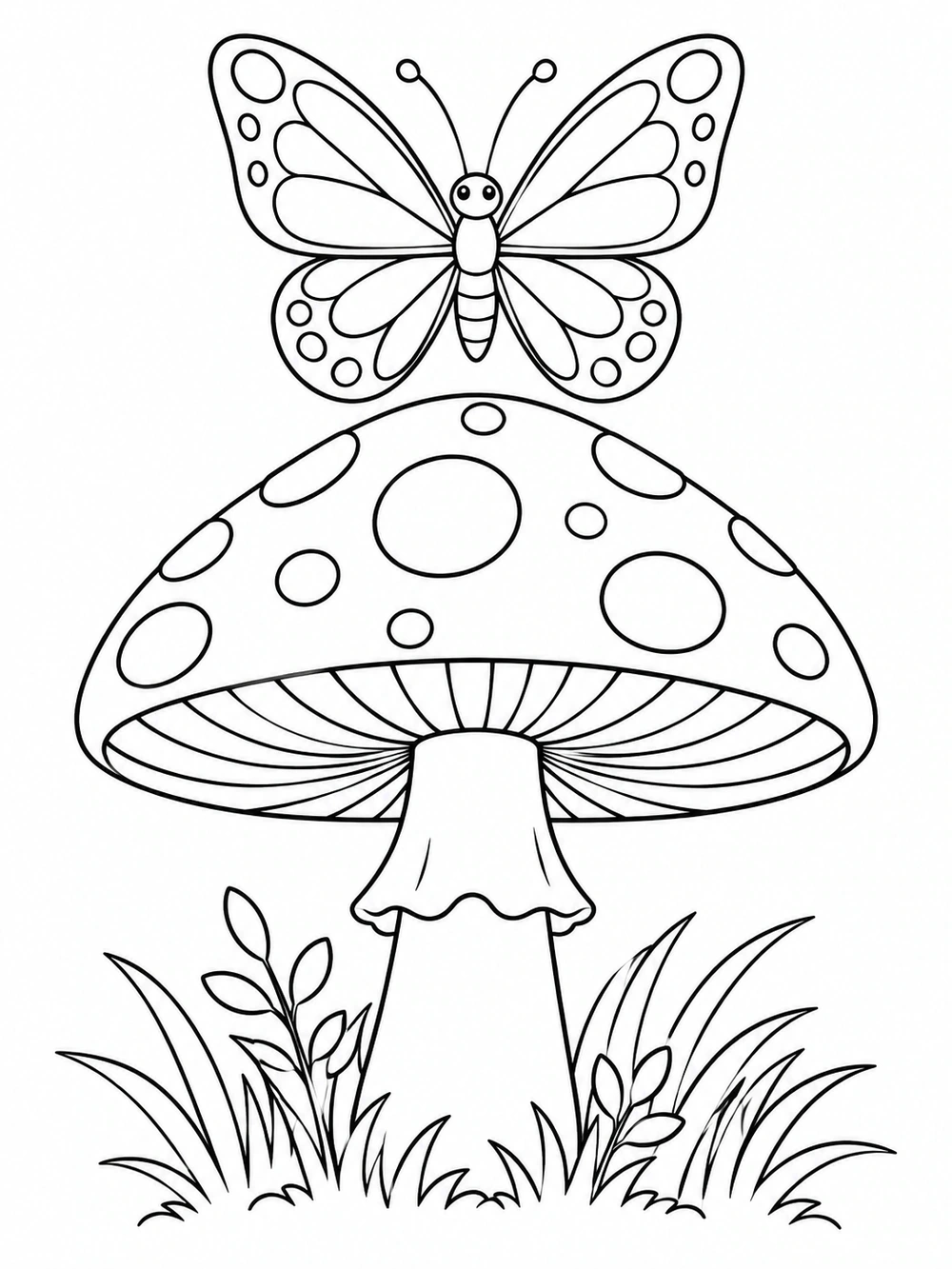 A broad-winged butterfly above a large spotted mushroom surrounded by grass and small leaves.