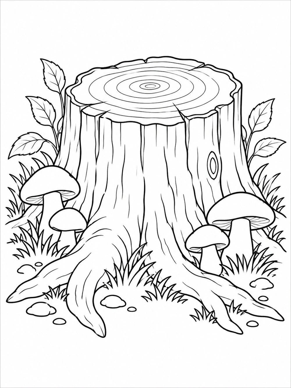 A broad tree stump with growth rings and large roots, surrounded by small mushrooms and a few leaves.