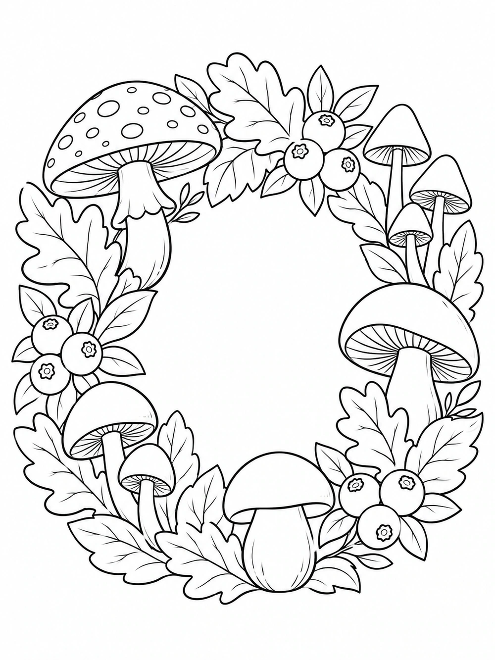 Portrait coloring page with a circular wreath of mushrooms, leaves, and berry clusters surrounding a clear open center.