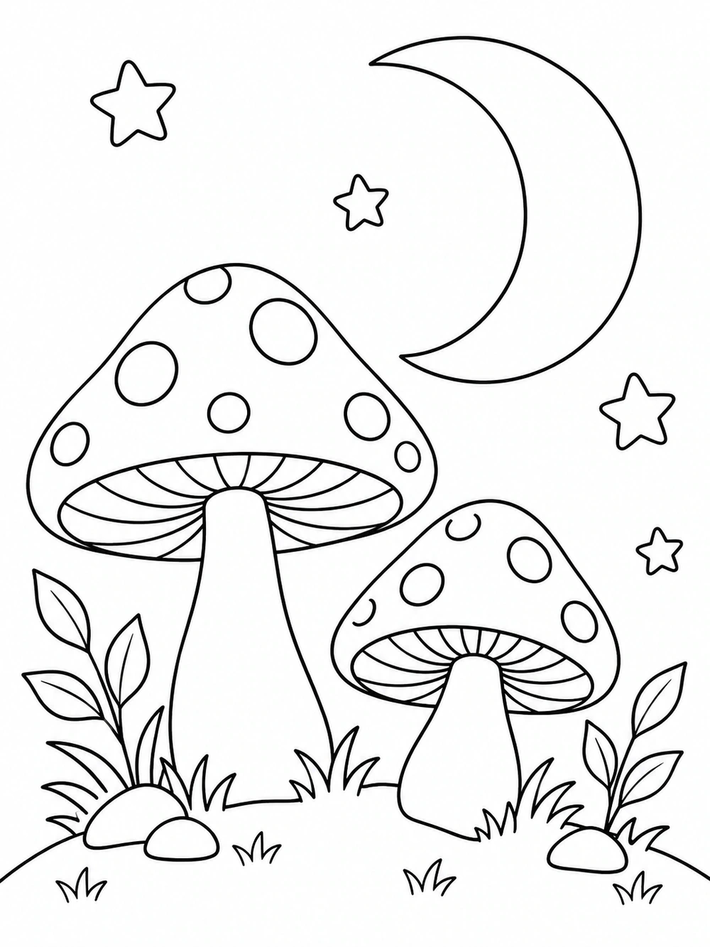 Two spotted mushrooms with leaves and grass on a hill beneath a crescent moon and stars