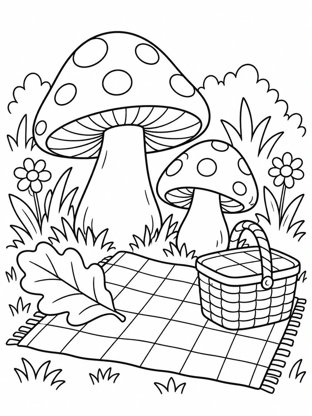 Black-and-white coloring page showing a check-pattern blanket and basket beside two mushrooms and a broad leaf