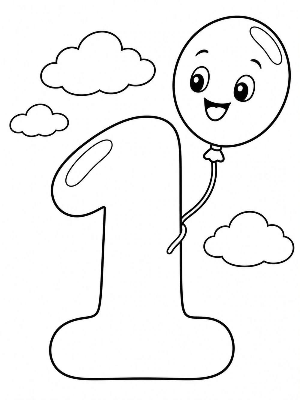 Printable number 1 coloring page with a smiling balloon and three clouds