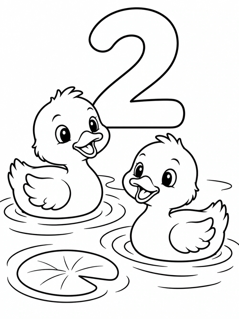 Large outlined number 2 with two distinct ducklings paddling among ripples and a lily pad.