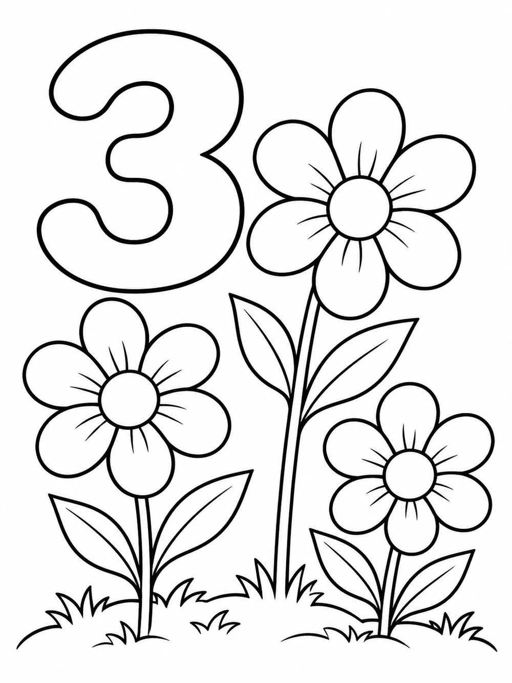 Large number 3 beside three separated flowers with stems and leaves in a garden patch