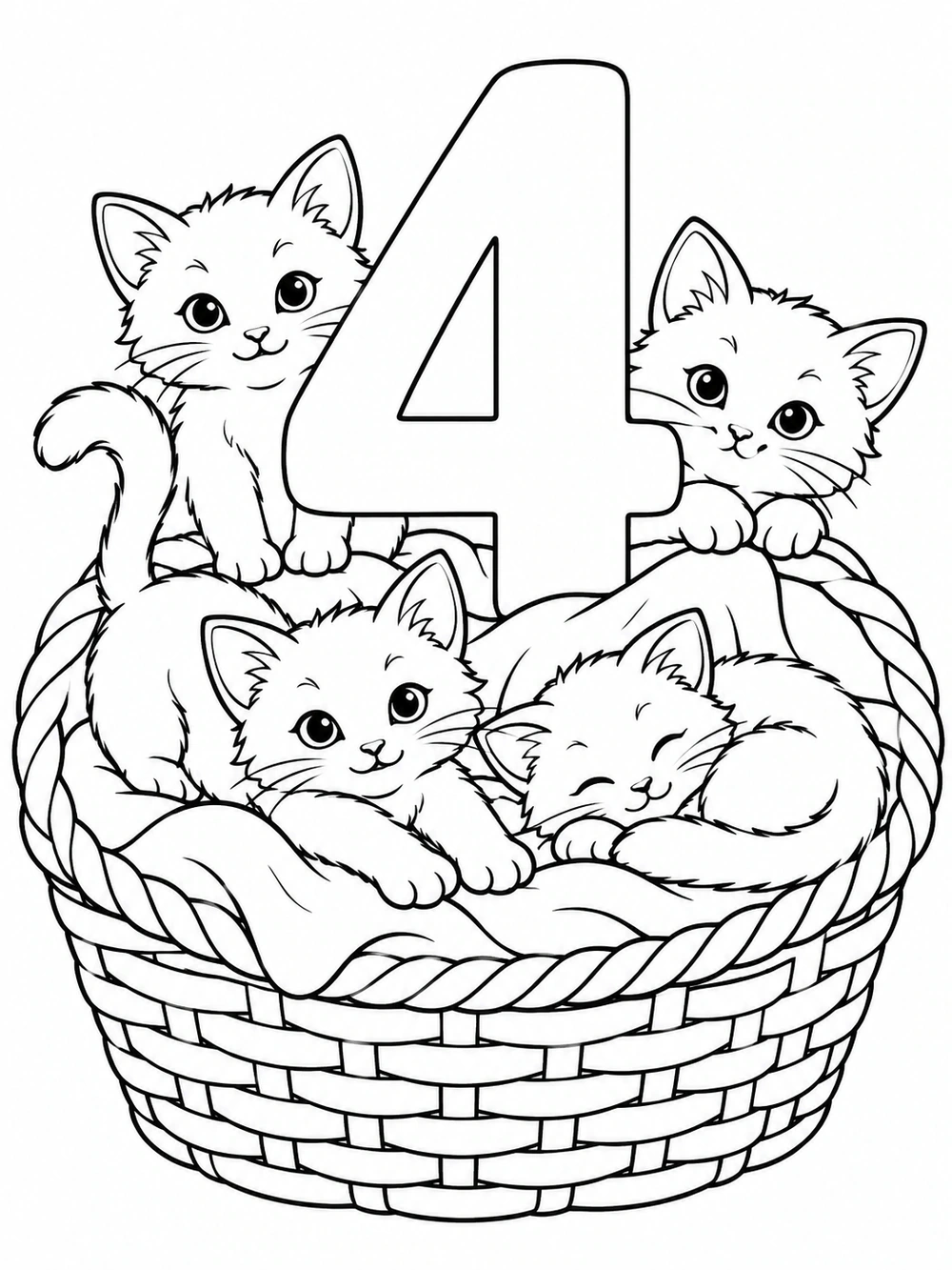 A large numeral 4 with four kittens nestled in a woven basket coloring page.