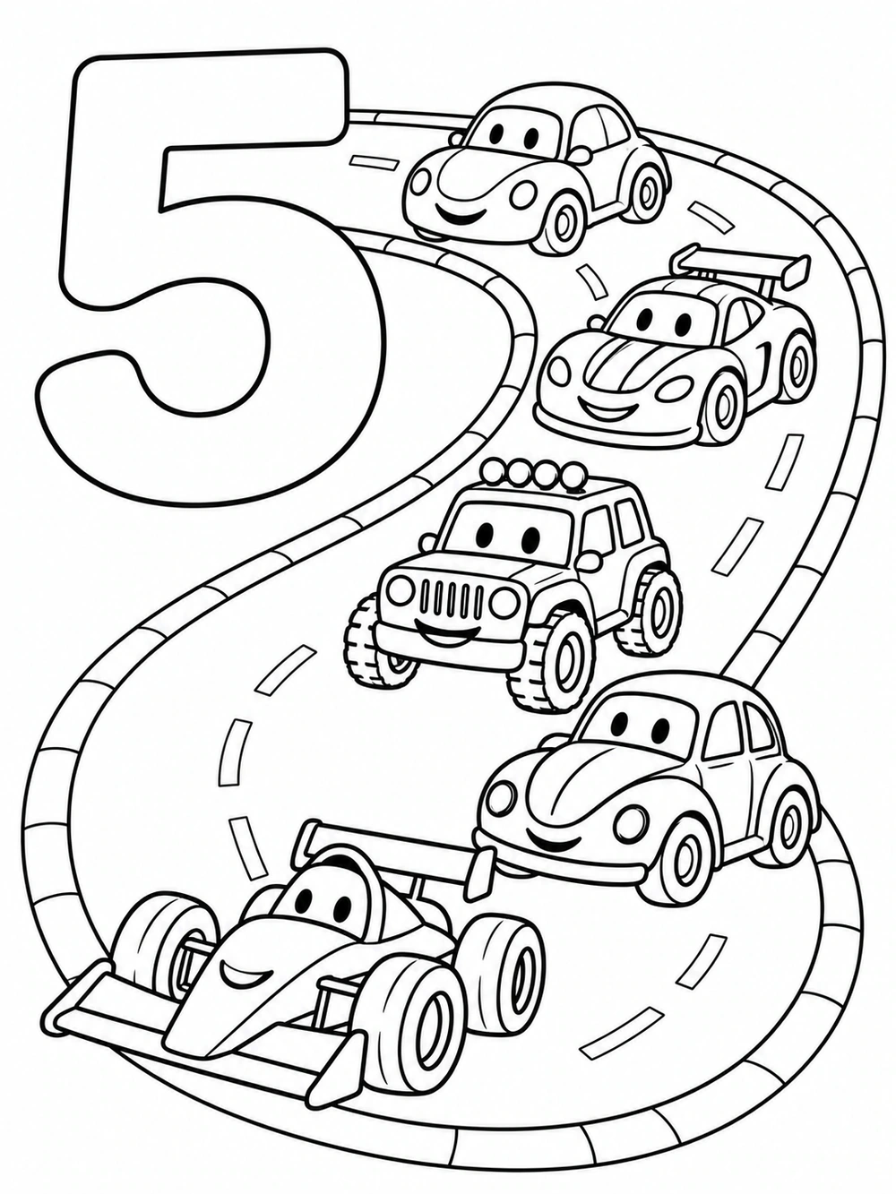 Black-and-white number 5 coloring page with five distinct toy cars on a winding race track.