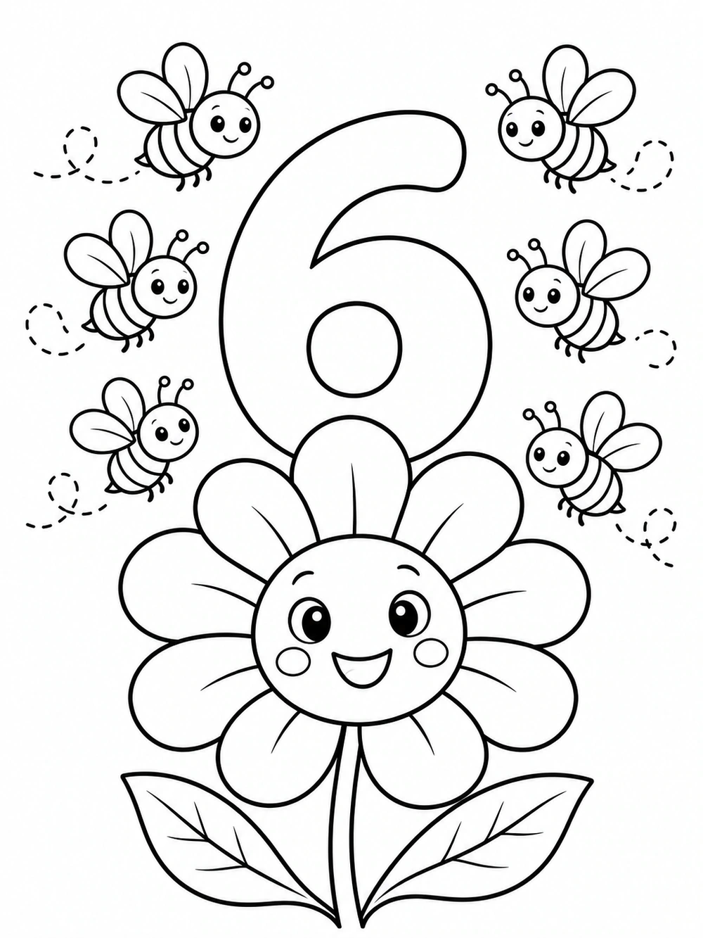 Portrait number 6 coloring page with one oversized smiling flower and six separate bees.