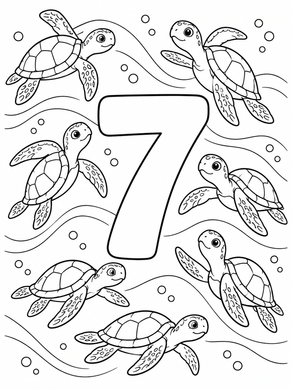 Black-and-white number 7 coloring page with seven clearly separated sea turtles swimming among ocean currents.