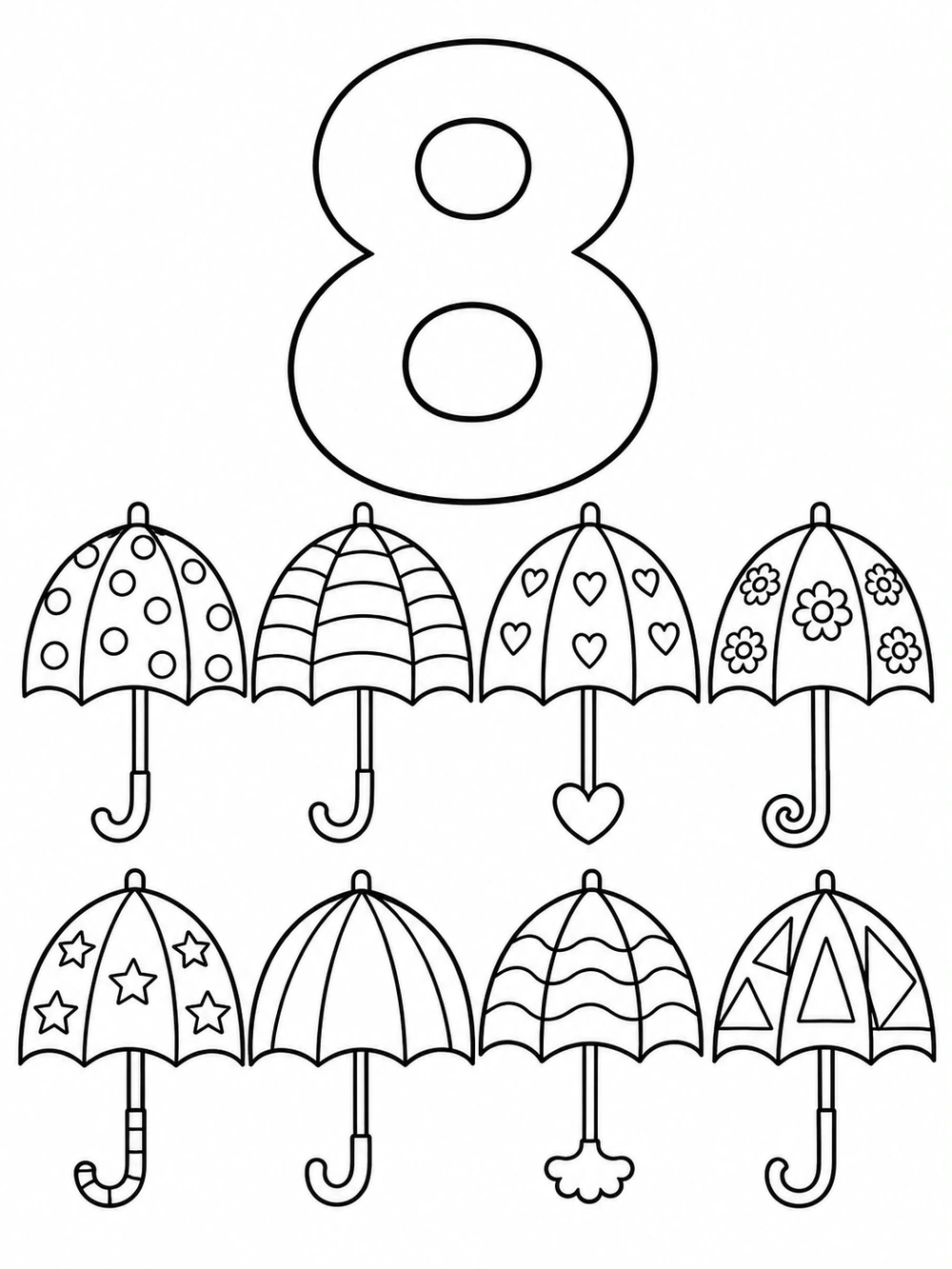A large outlined number 8 above eight open umbrellas in two neat rows, each with a different simple pattern and handle.