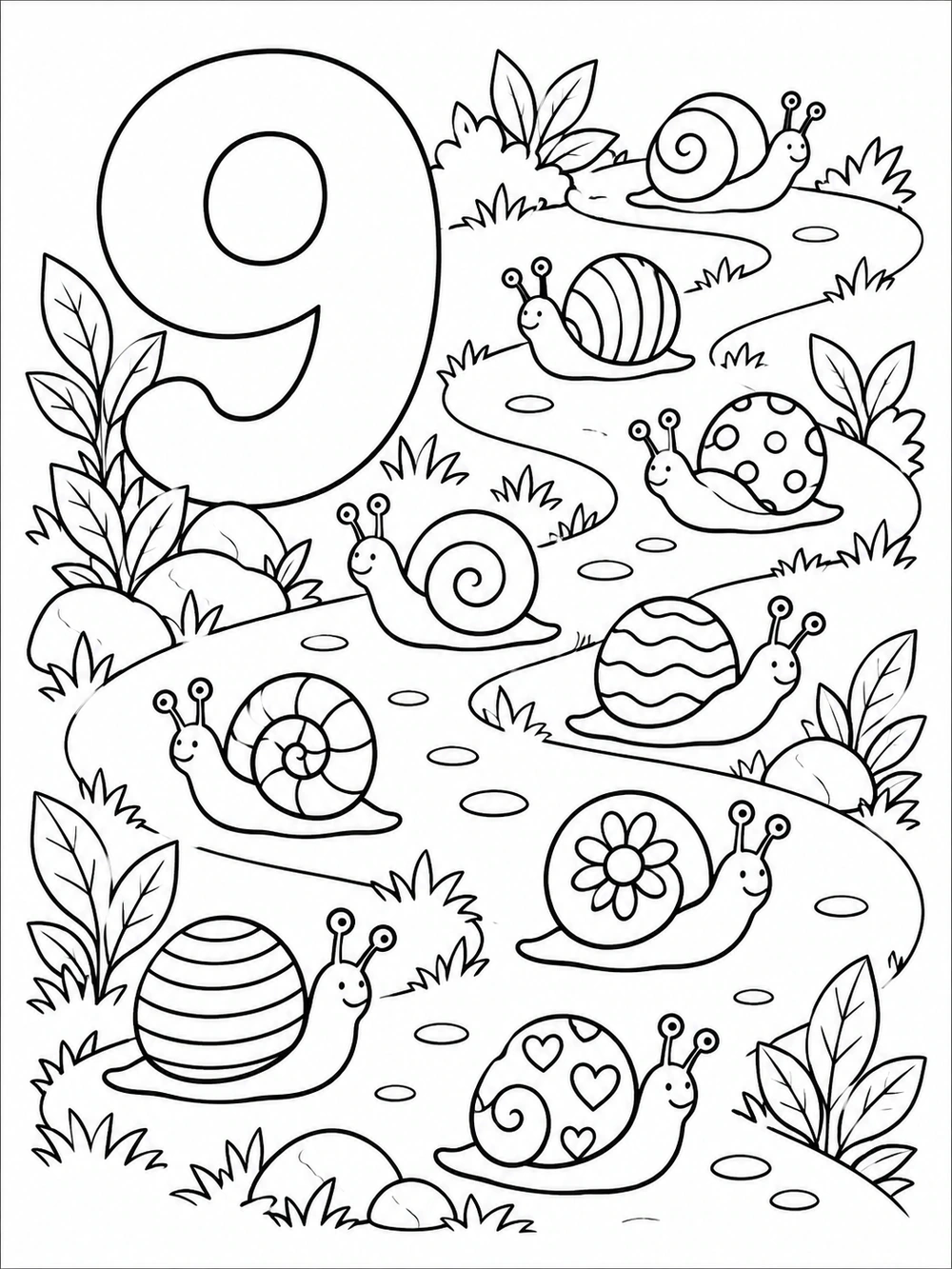 Black-and-white number 9 coloring page with nine distinct garden snails along a winding path, surrounded by leaves.