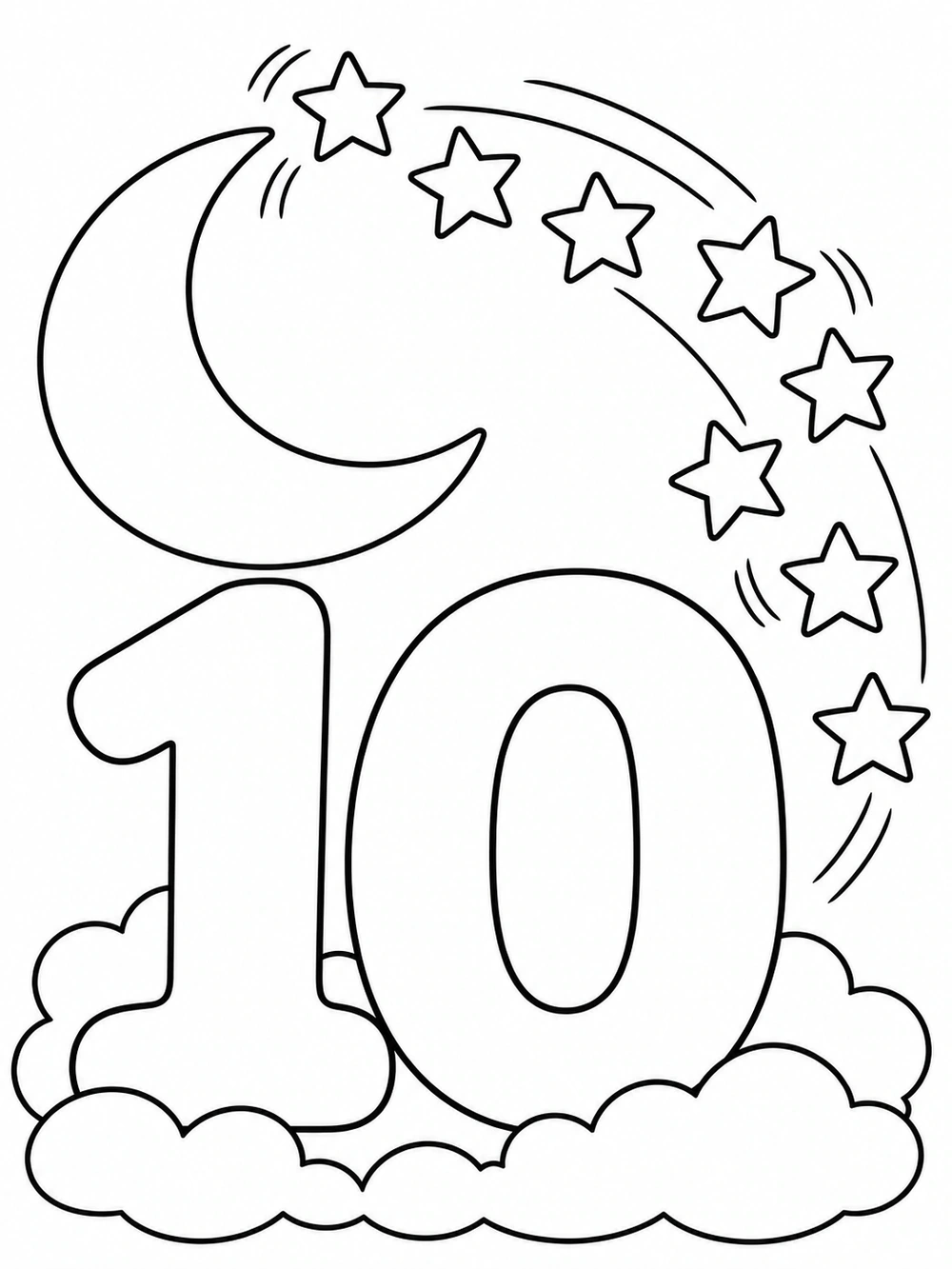 Black-and-white coloring page with a large numeral 10, crescent moon, and ten outlined five-point stars.