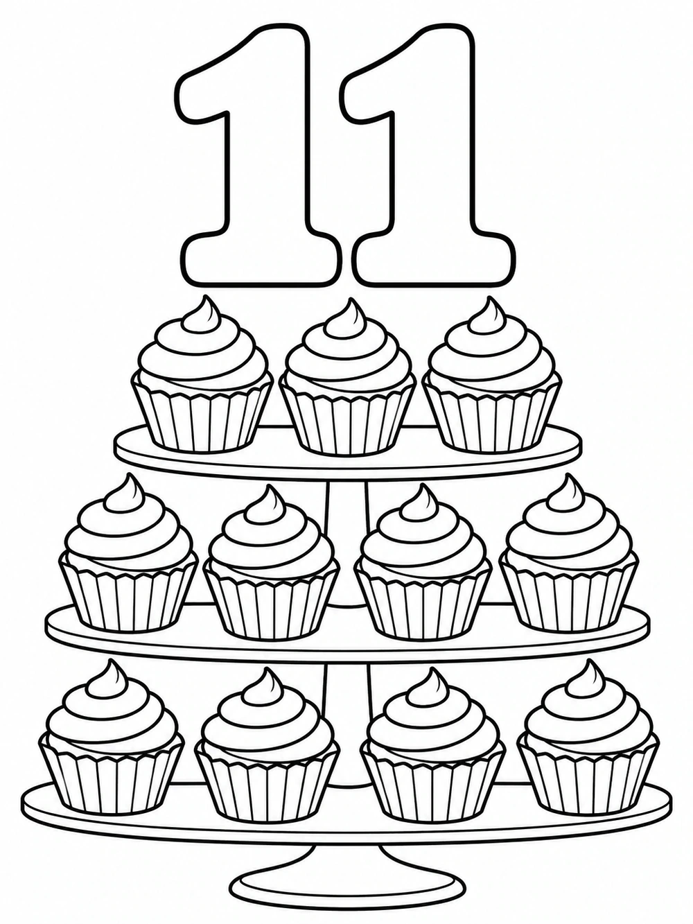 Black-and-white number 11 coloring page with eleven cupcakes on a tiered stand