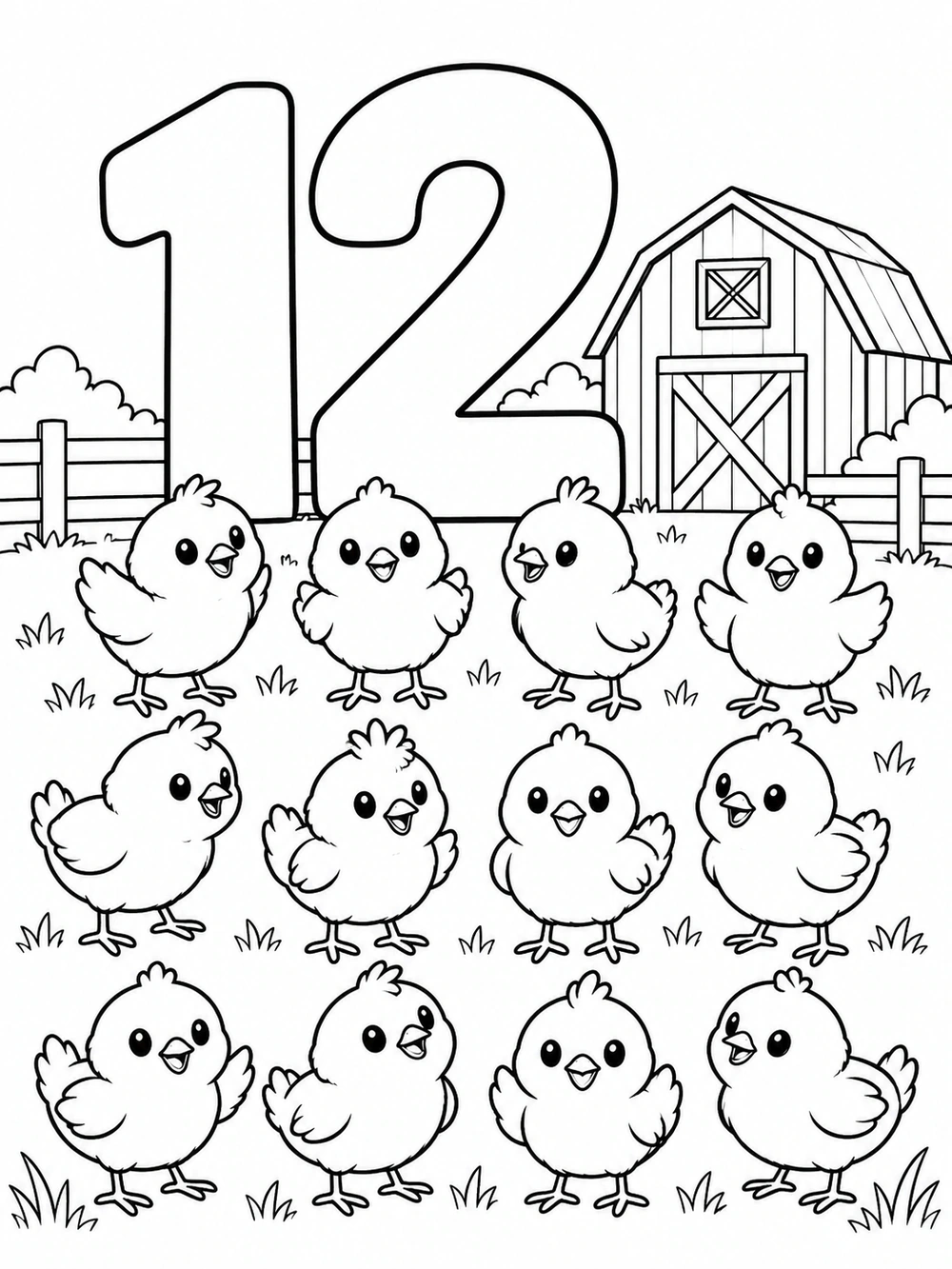 A large outlined number 12 above twelve chicks in three rows, with a barn behind them.