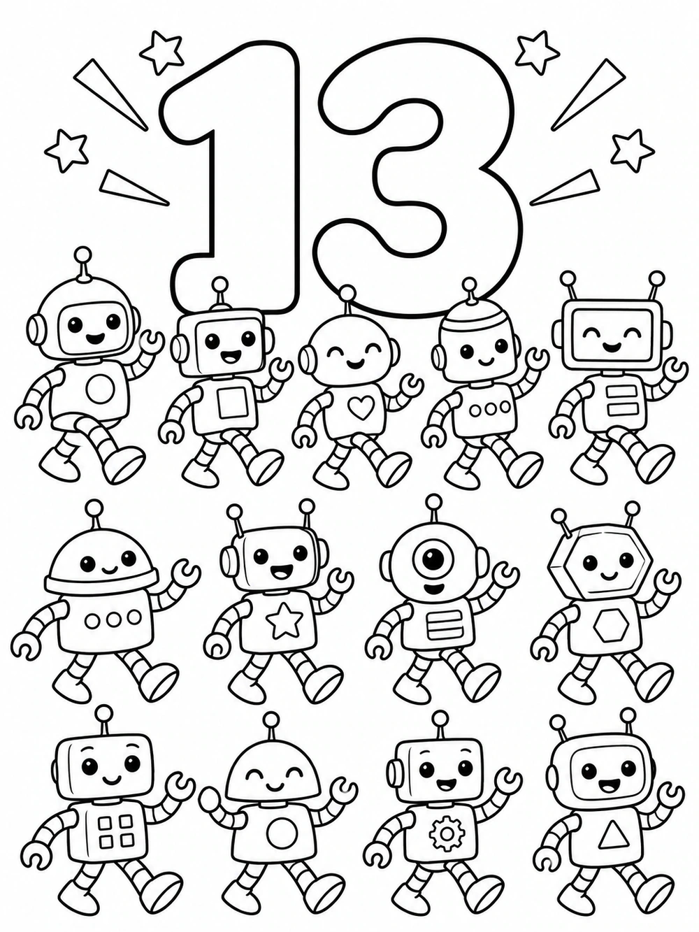A large outlined numeral 13 above thirteen friendly robots in three rows, drawn as a black-and-white coloring page.