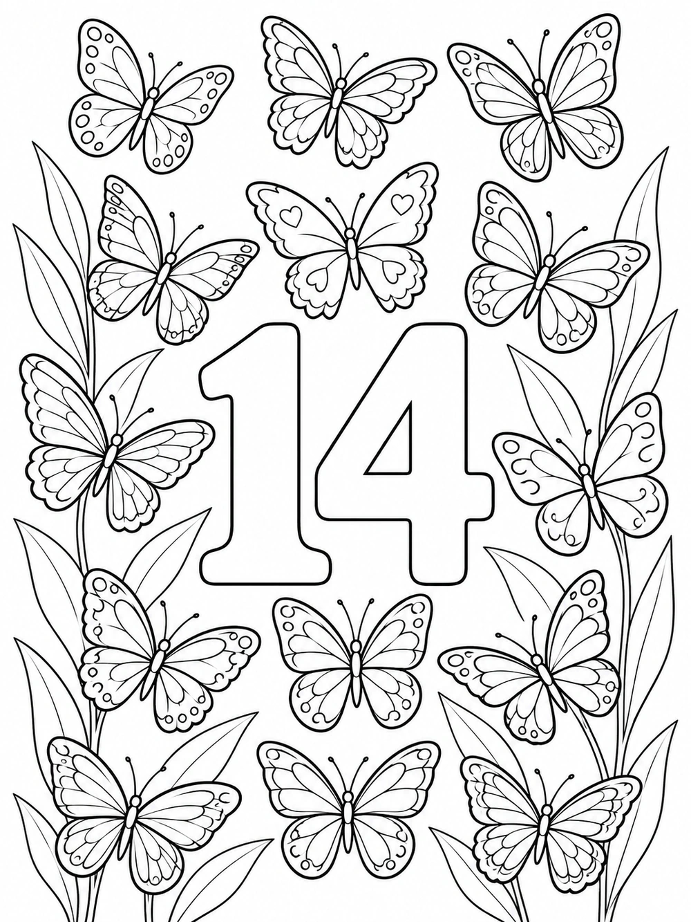 Black-and-white number 14 coloring page with fourteen distinct patterned butterflies and tall leaves.