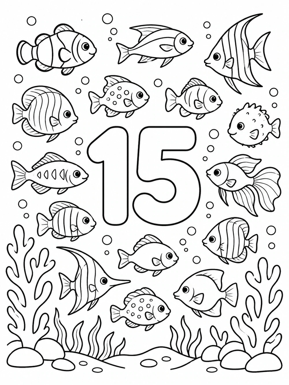 Number 15 coloring page with fifteen fish, bubbles, and coral