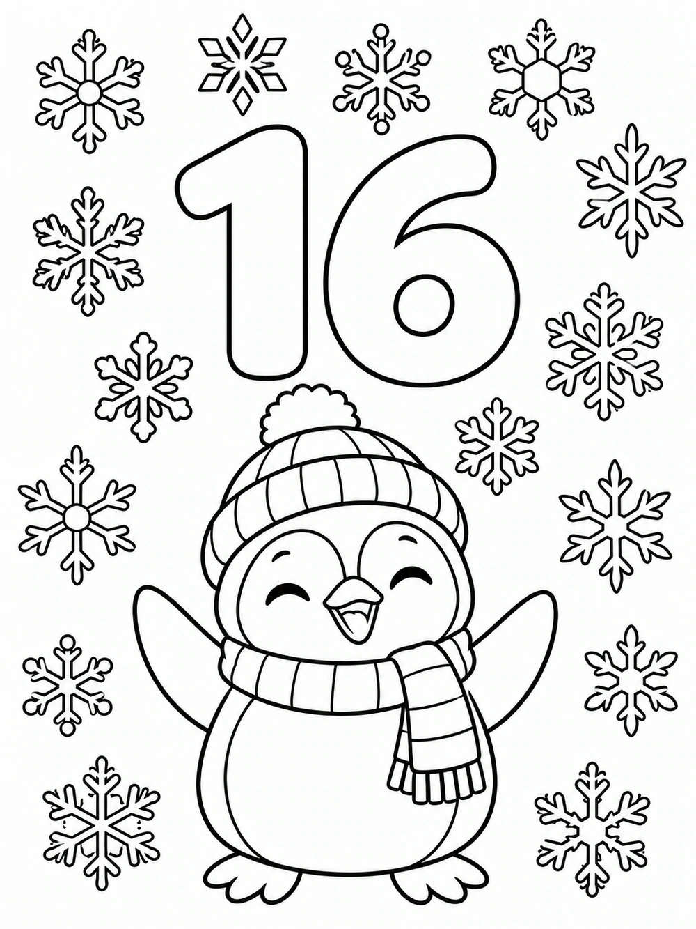 Number 16 coloring page featuring a bundled-up penguin and sixteen snowflakes.