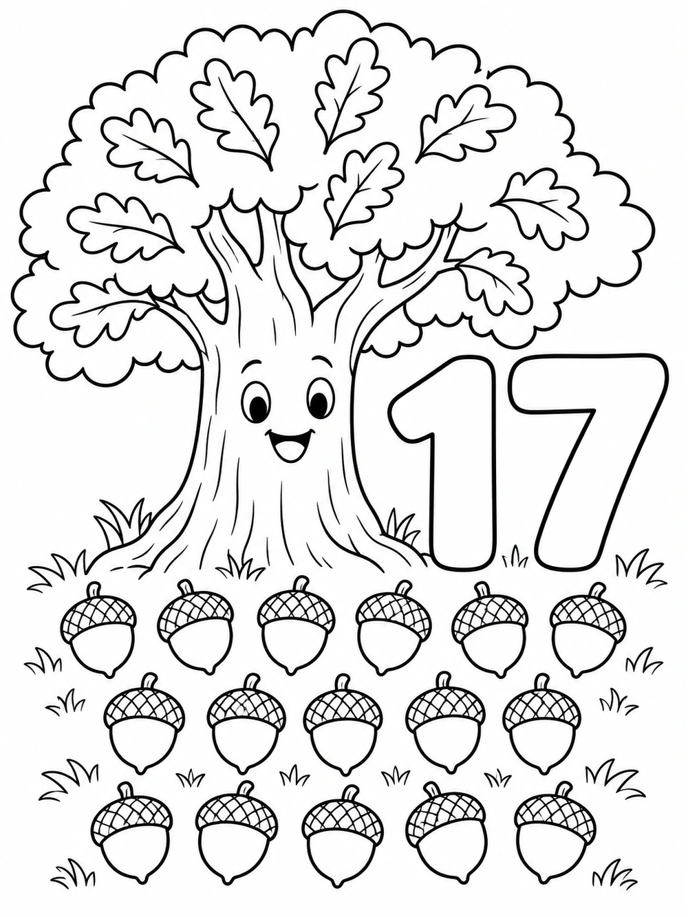 Number 17 coloring page with seventeen acorns arranged beneath a smiling oak tree.