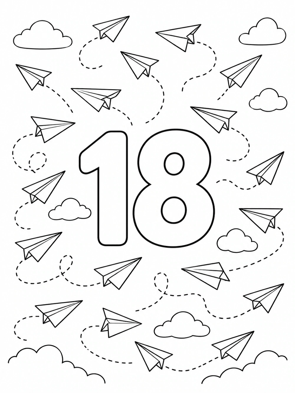 Number 18 coloring page with eighteen paper airplanes flying on dotted paths among outline clouds.