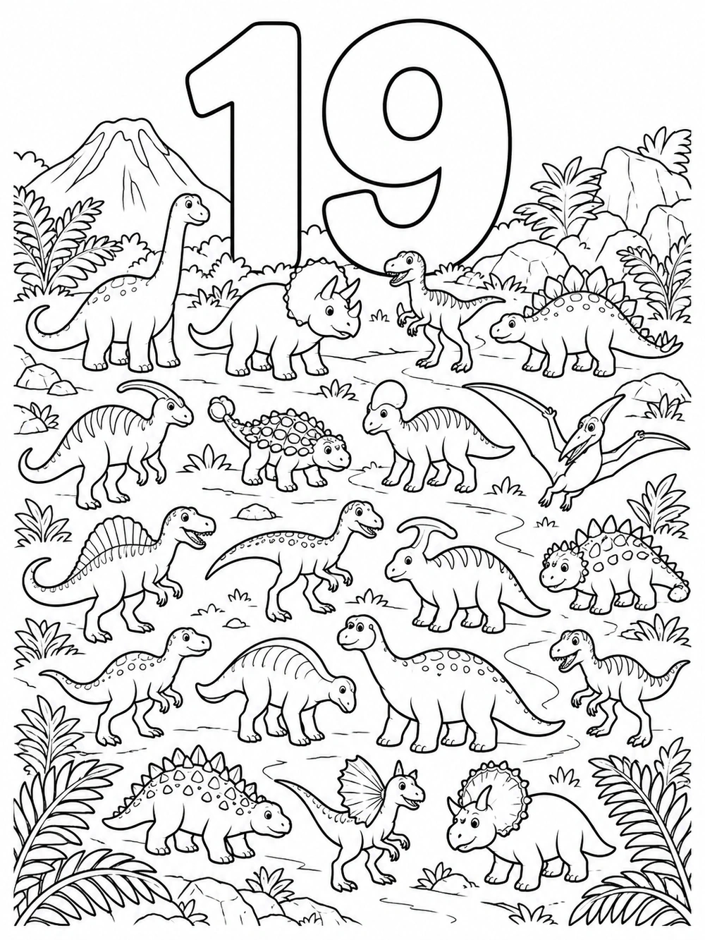 Number 19 coloring page with nineteen friendly dinosaurs
