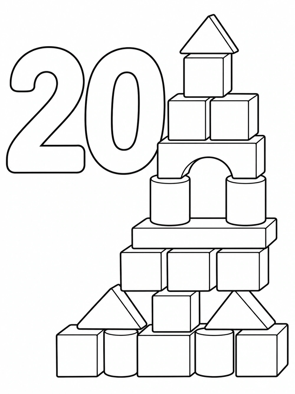 Black-and-white number 20 coloring page beside a tower of assorted toy blocks.