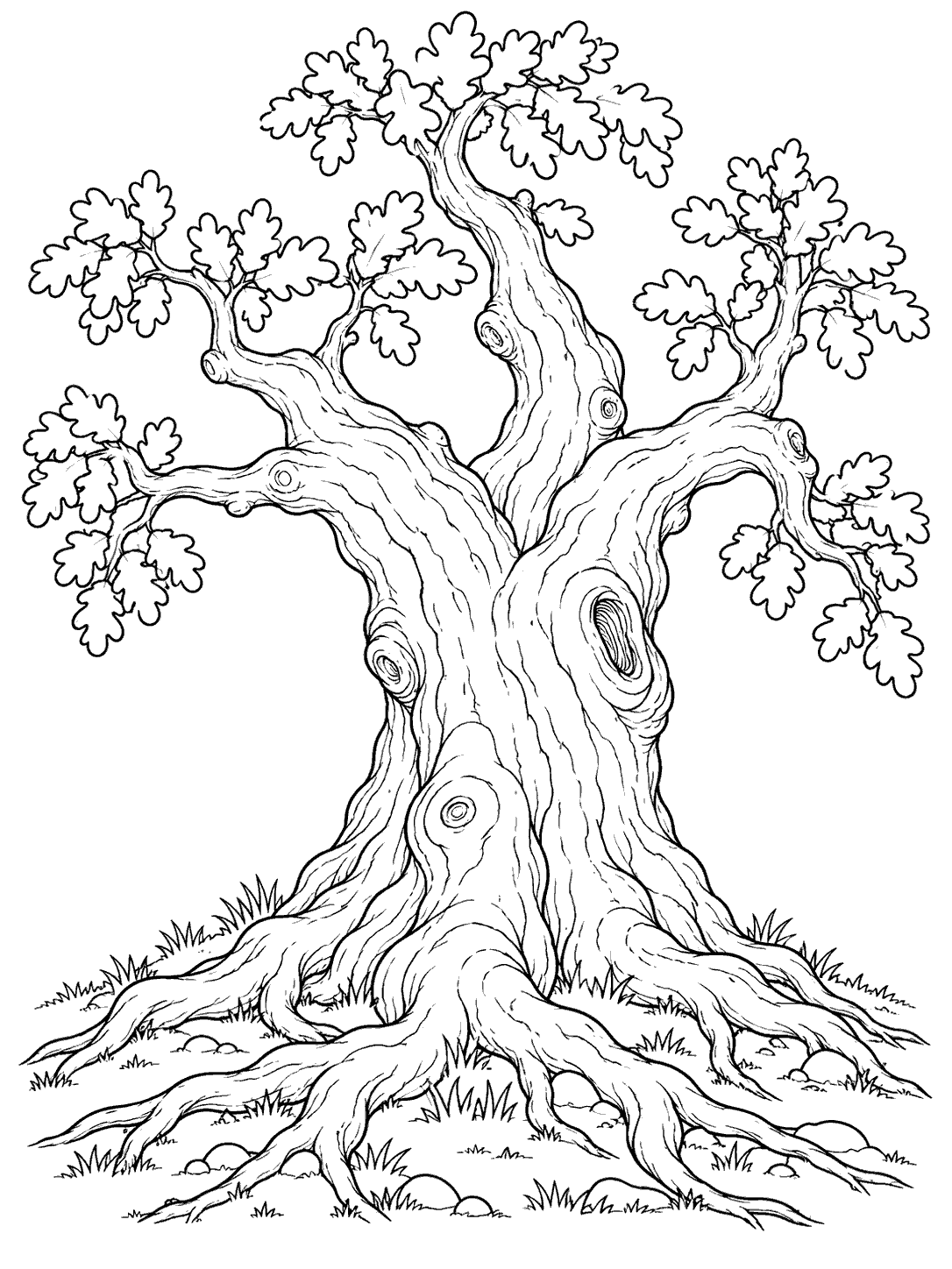 Ancient oak with a wide knotted trunk, leafy branches, and roots spreading across the ground