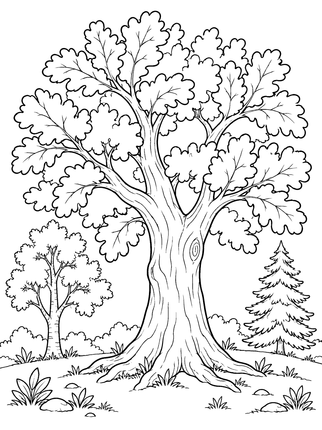 Black-and-white coloring page with a broad-limbed oak in the center, a smaller leafy tree on the left, a pine on the right, and plants at their feet.