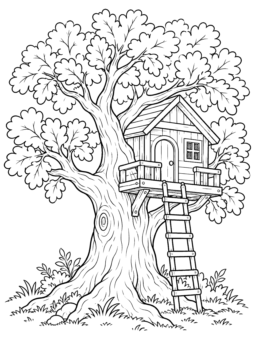 A simple wooden treehouse attached to a large leafy oak with a ladder.