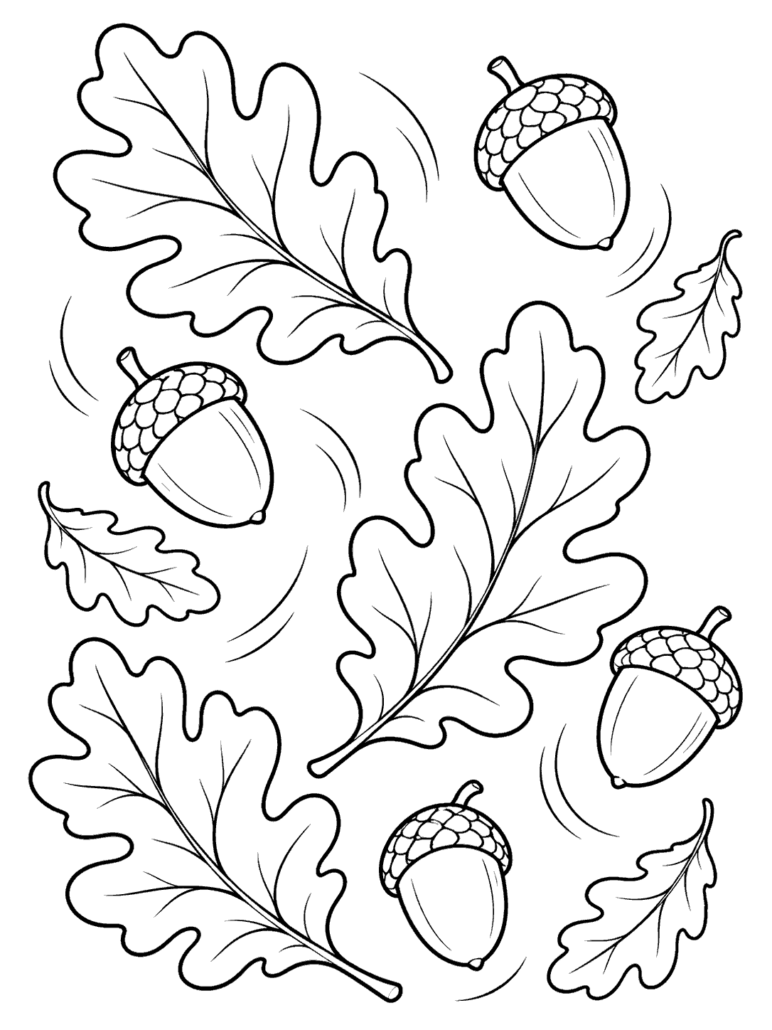 Large lobed oak leaves and four outlined acorns arranged in a spacious swirling pattern with falling leaves