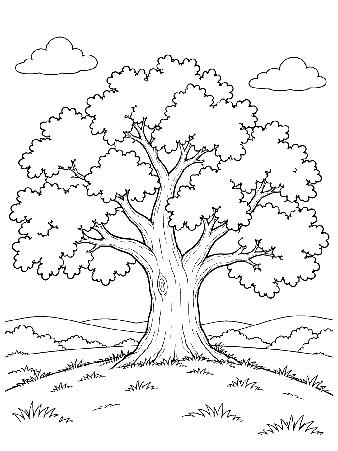 Large oak tree with a spreading canopy on a rounded grassy hill, with two clouds and a distant horizon.