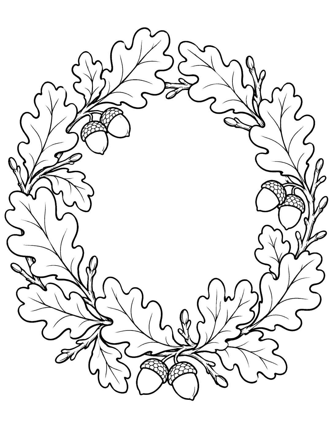 Open circular wreath of lobed oak leaves, short twigs, and acorns in black outlines.