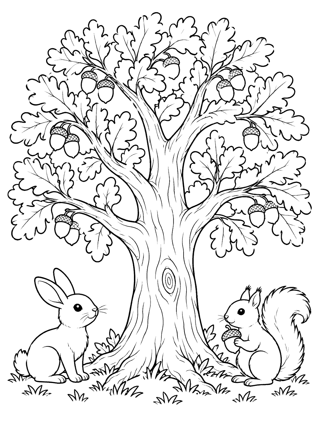 A large oak tree with acorns and leaves, with a seated rabbit on one side and a squirrel holding an acorn on the other.