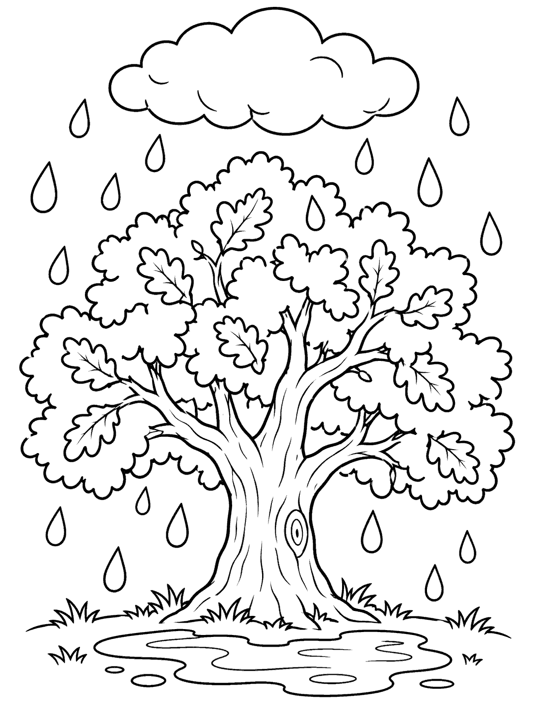 Large leafy oak tree beneath a puffy cloud, surrounded by raindrops, with a puddle at its base.