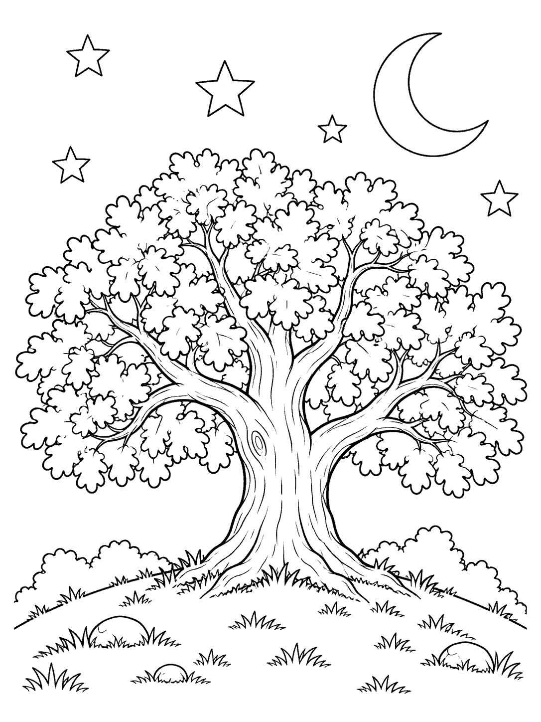 Detailed oak tree on a grassy hill beneath an outlined crescent moon and six outlined stars.