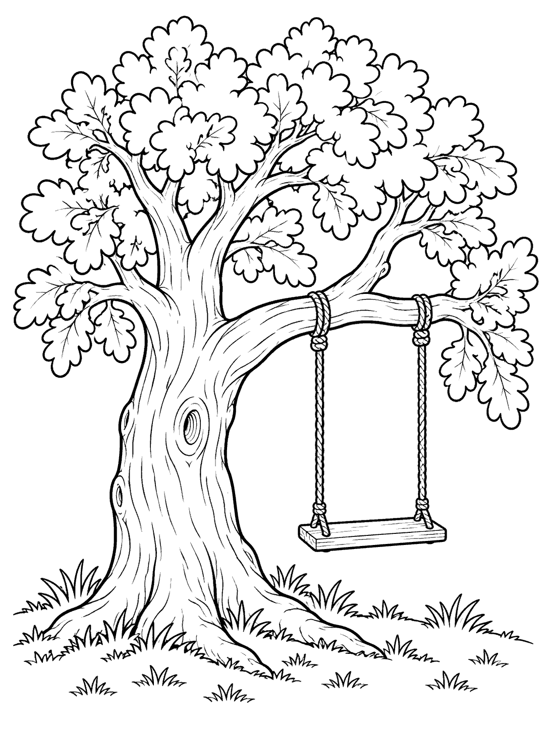 A leafy oak tree with a plank swing hanging from one thick branch by two ropes, surrounded by grass.