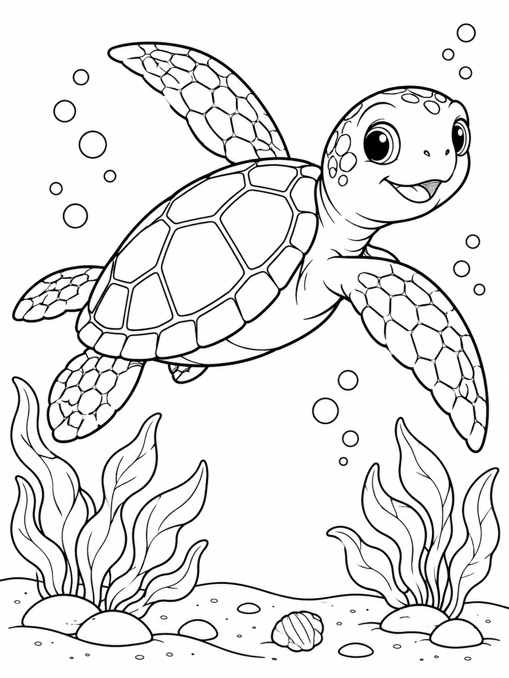 Friendly sea turtle swimming diagonally among bubbles and broad-leaf seaweed above a sandy seabed, black-and-white coloring page.
