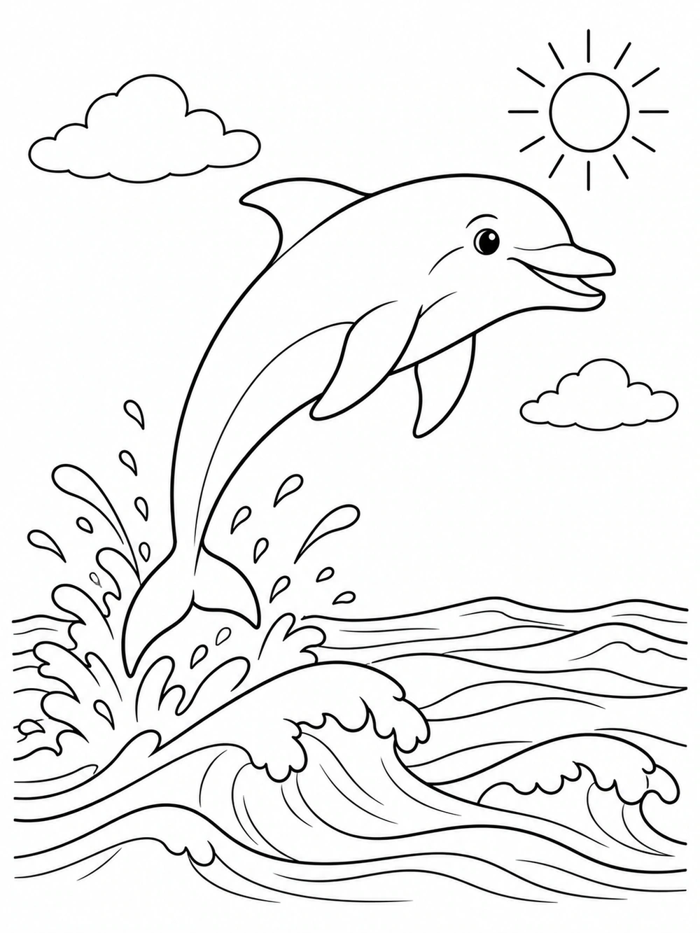 A single dolphin leaping over rolling ocean waves, with a sun and two clouds, in a black-and-white coloring page.