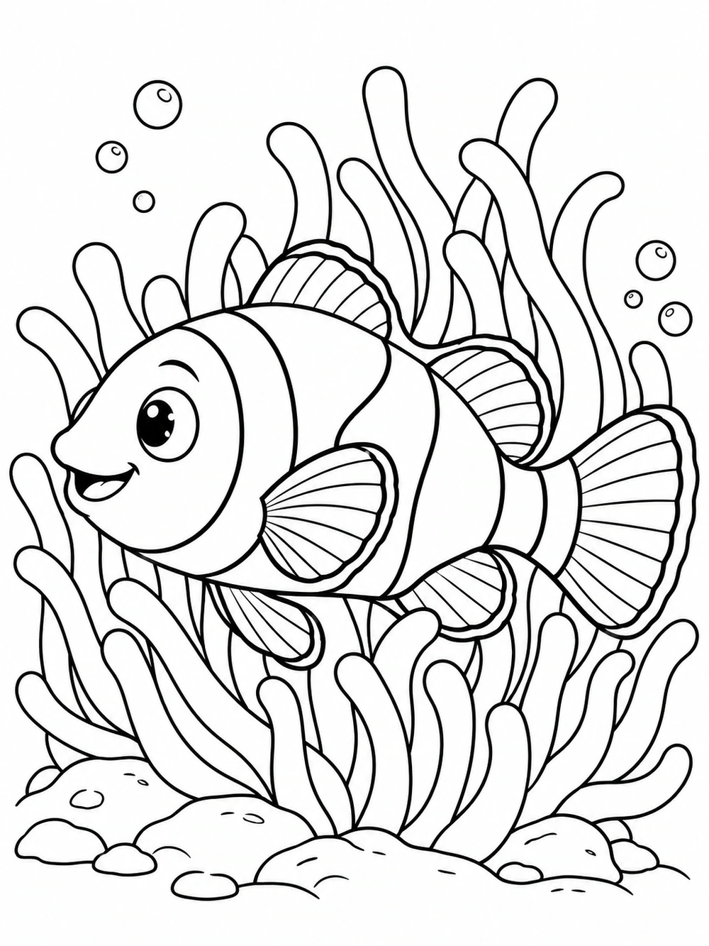 Black-and-white clownfish facing left among sea anemone tentacles, bubbles, and rocks on a printable coloring page