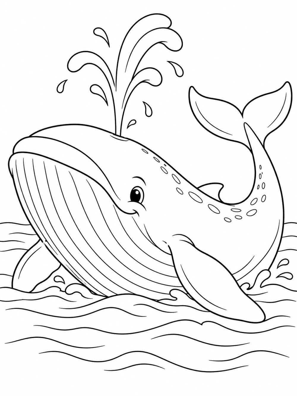 Black-and-white whale surfacing with water spout and simple waves coloring page