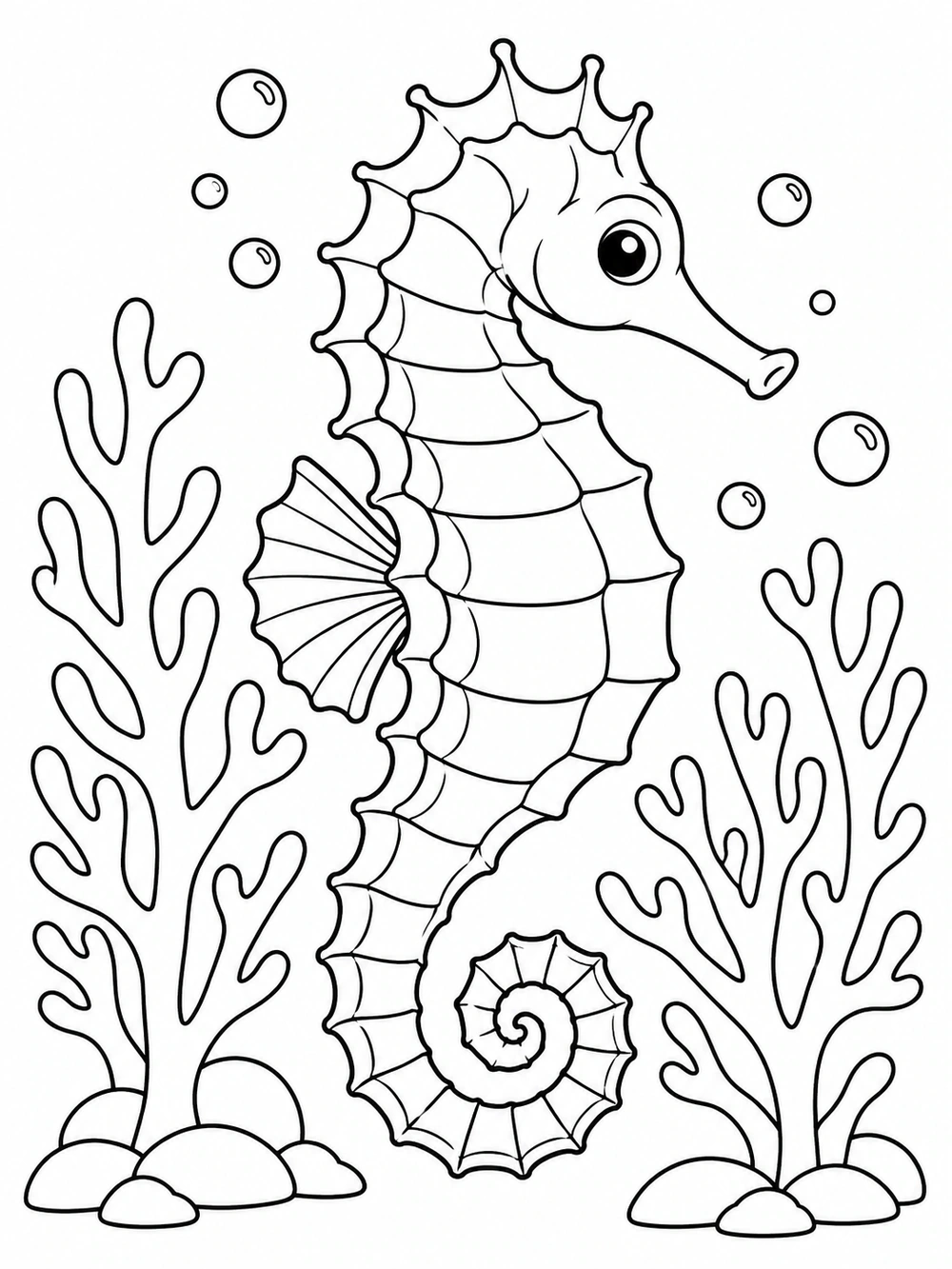 Black-and-white seahorse coloring page with curled tail, branching coral, and bubbles