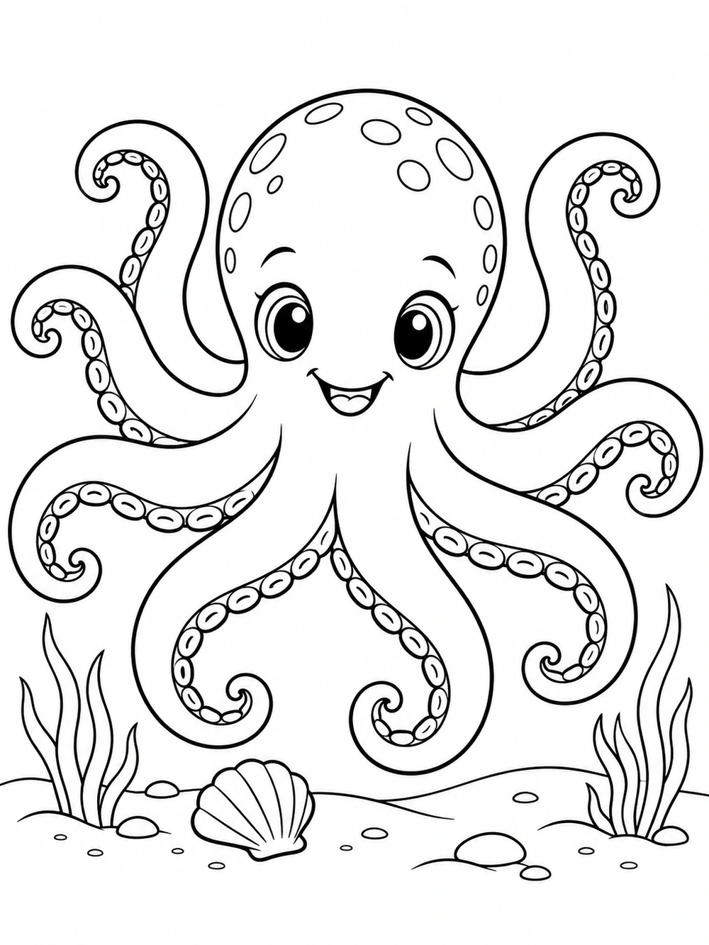 Friendly forward-facing octopus with eight curling arms, a shell, and sea grass on a sandy ocean floor coloring page