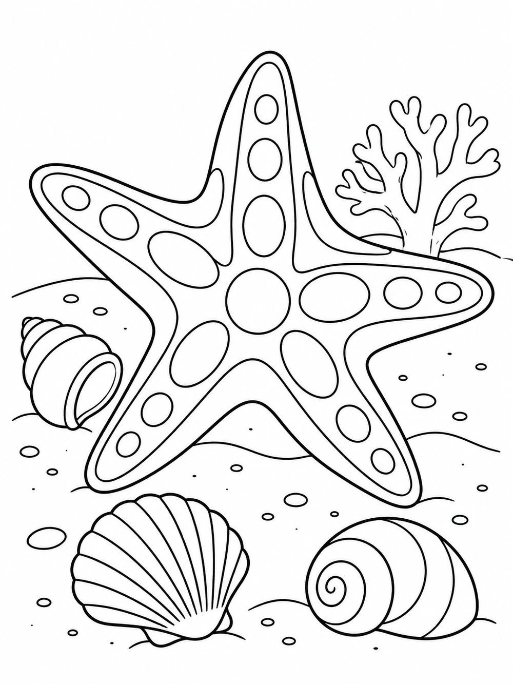 Five-armed sea star, shells, coral, and sand in a black-and-white ocean coloring page
