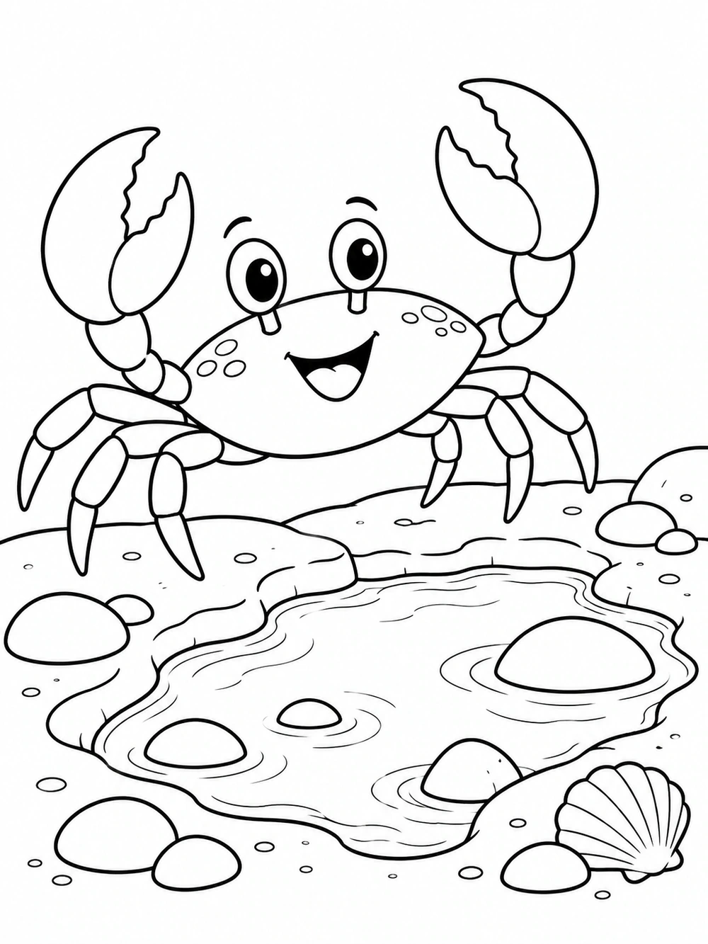 Black-and-white coloring page showing a friendly crab with raised claws beside a small tide pool, pebbles, and a shell.